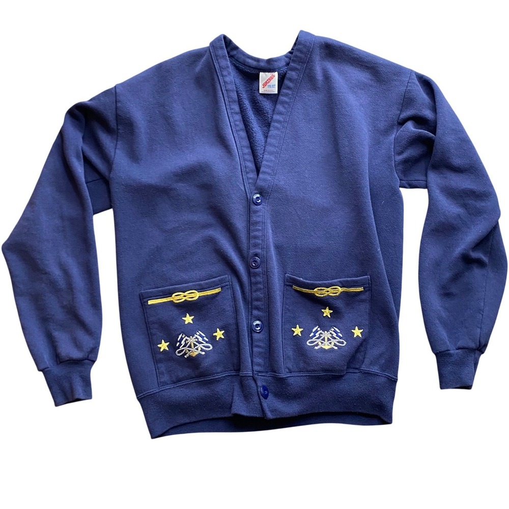 Vintage Jerzees‎ Navy Blue Nautical Embroidered Cardigan Sweatshirt Made in USA